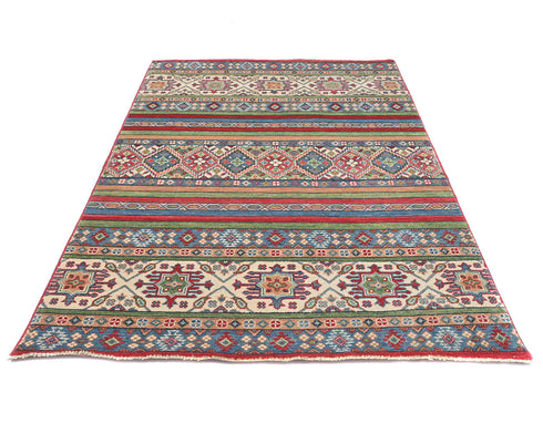 4x6 Multicolor Kuba Afghan Hand Knotted Wool Area Rug